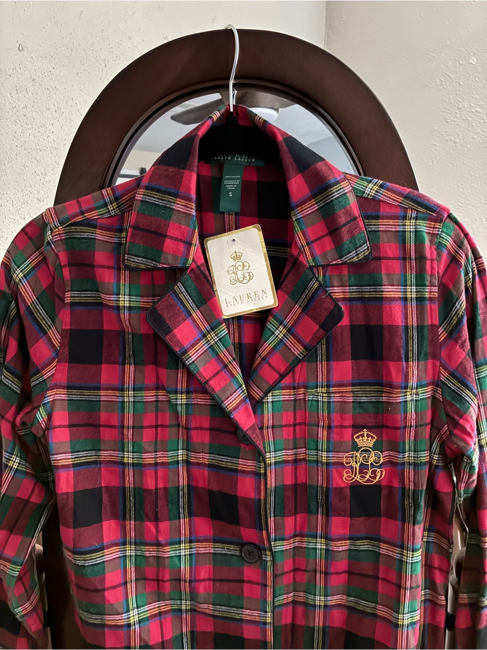 Soft Ralph Lauren Logo Tartan Plaid Long Sleeve Pajama Top, Size Small, NEW, NWT